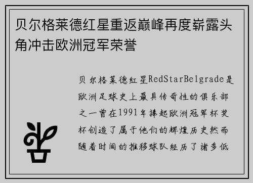 贝尔格莱德红星重返巅峰再度崭露头角冲击欧洲冠军荣誉