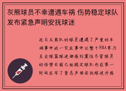 灰熊球员不幸遭遇车祸 伤势稳定球队发布紧急声明安抚球迷